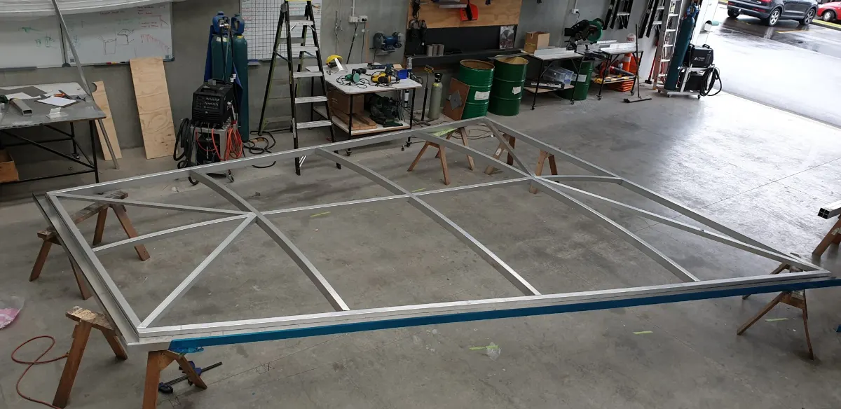 Pergola frame being fabricated in the workshop